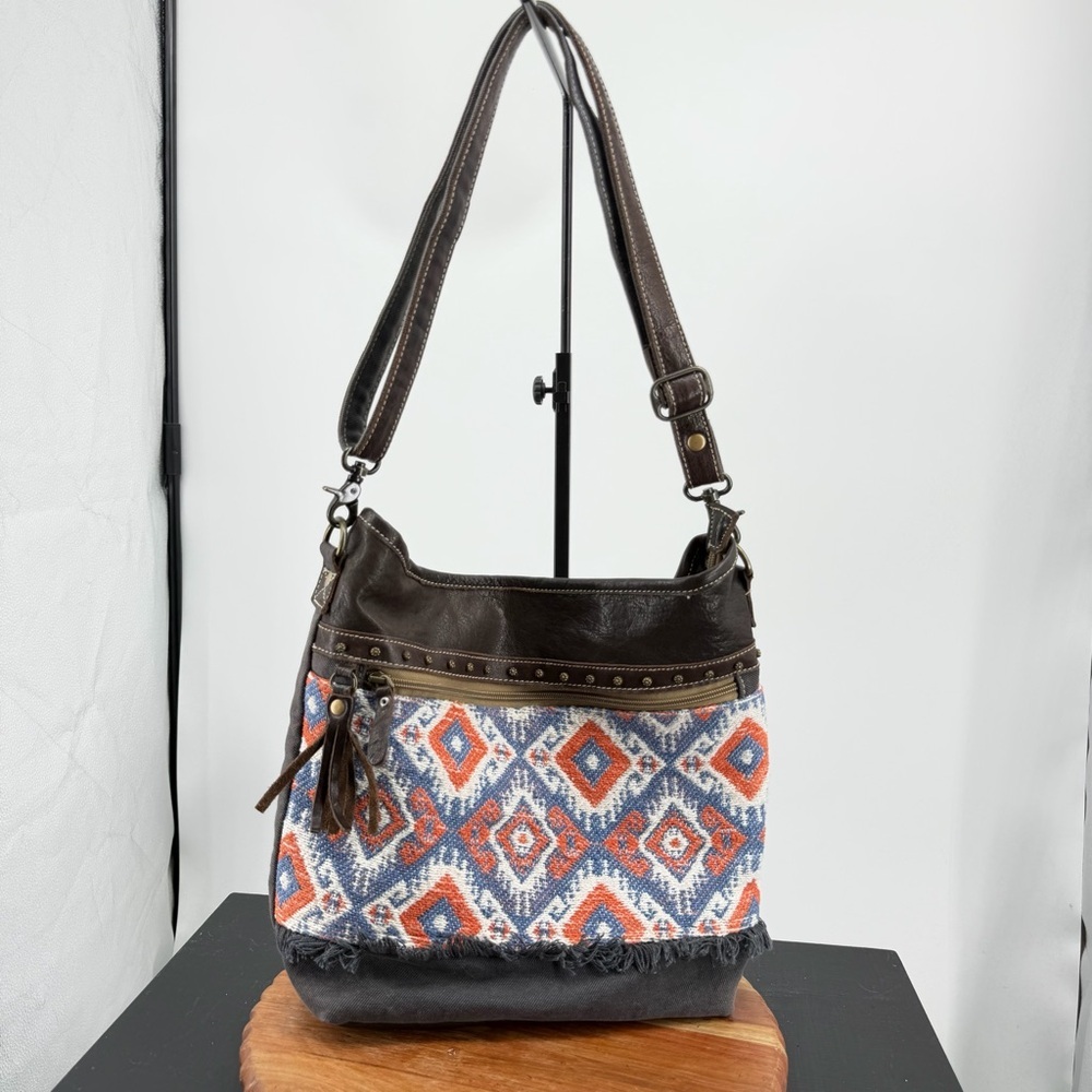 Myra Bag upcycled canvas brown leather shoulder crossbody bag tribal print‎
